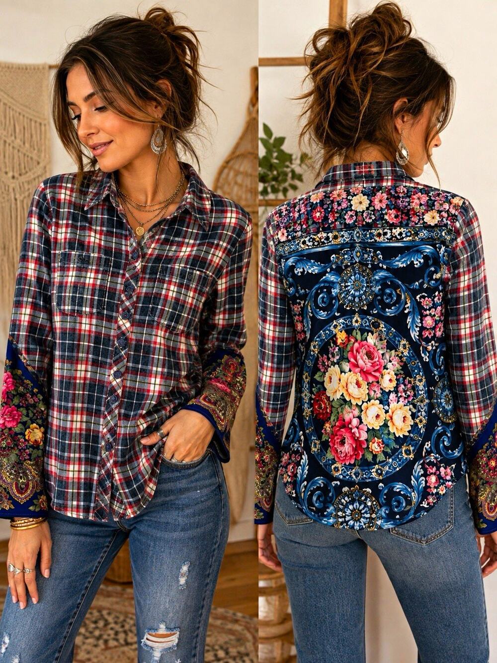 Plaid Floral Paisley Boho Button Front Shirt XS Cottagecore Western
